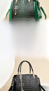 Detail of crocodile-embossed handbag showing green and black leather with gold hardware