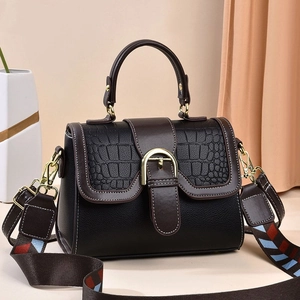 Women Crossbody Bag PU Leather Croco Embossed Lychee Pattern Wide Fabric Strap Vintage Square Shoulder Handbag Trendy