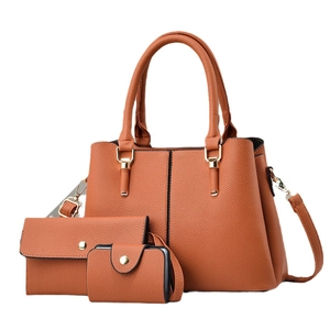 Caramel lychee grain leather handbag set with three pieces including tote and clutches