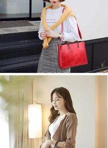 Detailed views of a large red leather tote bag showing crossbody and handheld styling