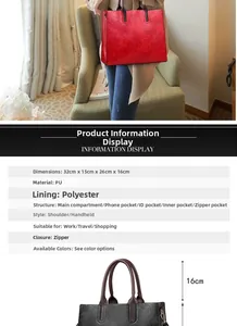 Detailed size specifications and interior pocket layout for this large PU tote bag