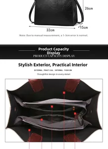 Detailed view of the black PU leather tote dimensions and multi-compartment interior