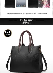 Black leather tote bag size comparison with A4 magazine and iPad showing large capacity
