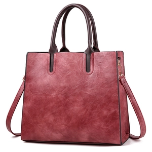 Retro burgundy large capacity tote bag with marble texture and brown handles