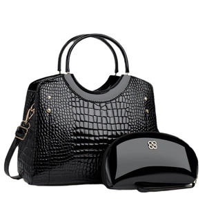 Elegant black crocodile pattern tote bag set with matching pouch and gold hardware