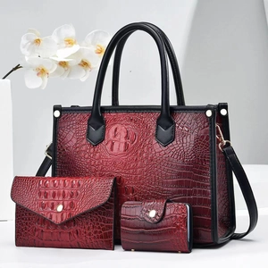 Deep red crocodile embossed bag set including tote bag, envelope clutch and small wallet