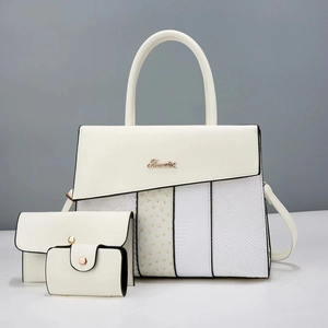 Three-piece tote bag set in ivory PU leather with snake and ostrich textures