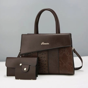 Three-piece dark brown faux leather tote set with mixed ostrich and snake textures