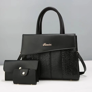 3-piece black PU leather tote set with ostrich and snake textures and gold logo