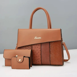 Three-piece caramel brown PU leather tote set with mixed animal textures and logo