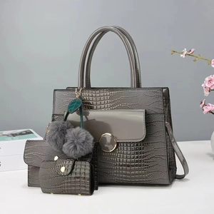 3-in-1 dark grey crocodile pattern tote bag set with metal buckle and fur pompom charm