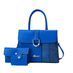 Blue 3-piece handbag set with snakeskin texture and gold D-ring hardware detailing
