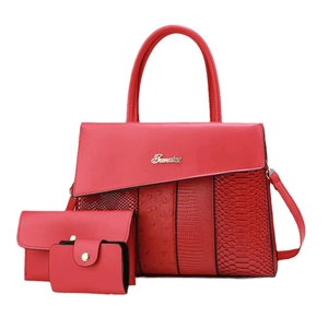 Red 3-piece PU leather handbag set including a large tote bag, clutch, and card holder