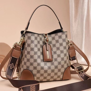 Retro Karomuster Eimertasche für Damen mit Blumen-Leinwand und breitem Stoffriemen