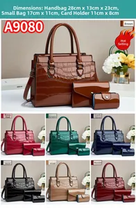Three-piece tote set with dimensions: 28x13x23cm, 17x11cm, and 11x8cm in seven colors