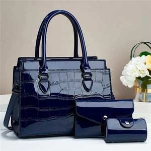 Three-piece dark blue crocodile pattern tote bag set with glossy patent leather finish