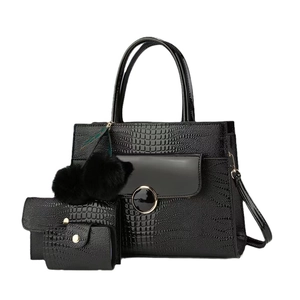 Black crocodile embossed tote bag 3-piece set with metal ring detail and plush pompom charm