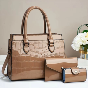 Three-piece khaki crocodile embossed handbag set with crossbody strap and tote