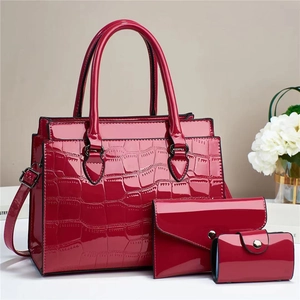 Deep red crocodile texture patent leather 3-piece handbag set with tote and wallet