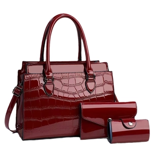 3-piece burgundy patent leather tote bag set with crocodile texture and shoulder strap
