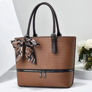 Brown woven texture tote bag with silk scarf decoration and dual handles for women