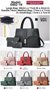 Three-piece women bag set showing large crocodile-embossed tote and small pouch in diverse colors