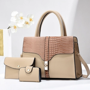 Detailed view of 3-piece bag set with beige lychee grain and brown croc-embossed texture