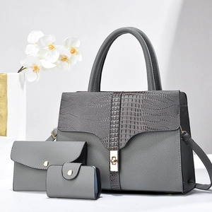 Three-piece women's handbag set in grey lychee PU leather with crocodile pattern accents