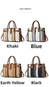 Four color options of striped canvas tote bags with leather trim and adjustable straps