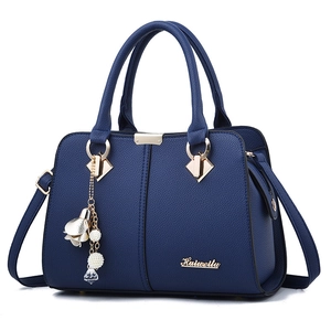 Bolso de mano azul marino para mujer en cuero sintético con detalles dorados y perlas