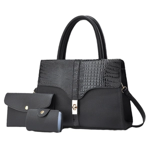 Black 3-piece women's handbag set featuring crocodile pattern flap and gold metal hardware