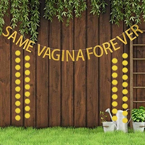 Golden glitter Same Vagina Forever banner and dot garland set for outdoor bachelorette party