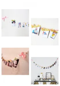 Pink ribbon and gold glitter photo clips banner for baby first birthday party decor