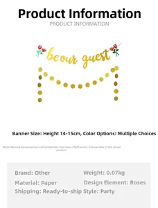 Detail view of Be Our Guest party banner with gold glitter text and red rose design