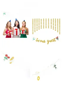 Detail of glittery gold Be Our Guest banner with red roses and gold polka dot party decor