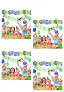Detailed view of dinosaur birthday banner, photo frames, party hats, and colorful balloons