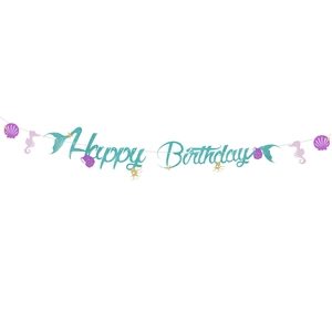 Banderole Joyeux Anniversaire sirène avec décorations pailletées d'hippocampe et coquillage
