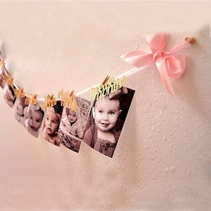 Baby Monthly Photo Banner First Birthday Growth Record Garland Glitter Cardstock Ribbon Wooden Clips Decoration