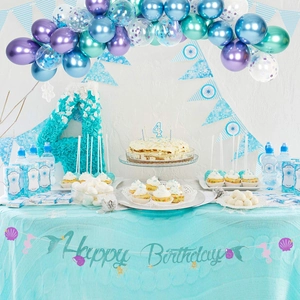 Bannière Joyeux Anniversaire Sirène Guirlande Thème Océan Pailletée Avec Hippocampe Coquillage Étoile De Mer Décoration Fête Fille