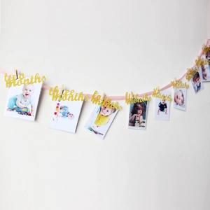 Pink ribbon baby monthly milestone photo banner with gold glitter text and wood clips