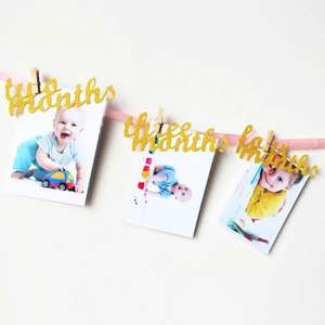 Glittering gold baby monthly photo banner with pink ribbon for 1st birthday party decor