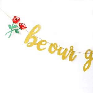 Glitter gold 'Be Our Guest' banner with red roses for wedding and party wall decoration