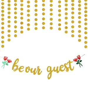 Golden glitter Be Our Guest party banner set with red roses and circular hanging dots
