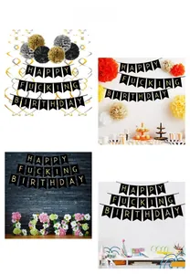Dettaglio dello striscione Happy Fucking Birthday nero e oro con pompon e decorazioni