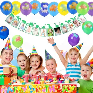 Dinosaur themed birthday party decoration set with banners balloons and tableware kit