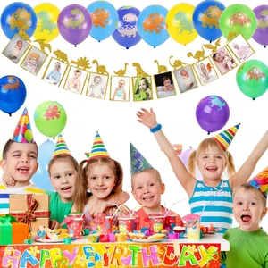 Dinosaur birthday banner with glitter photo frames and colorful balloons for party decor