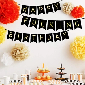 Set Striscione Happy Fucking Birthday Oro Nero Bandiera a Coda di Rondine in Carta Ghirlanda per Decorazioni Festa Compleanno Adulti