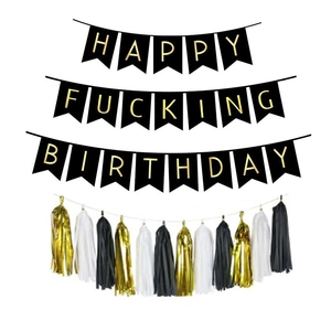 Set striscione Happy Fucking Birthday nero e oro con nappe per feste di compleanno adulti