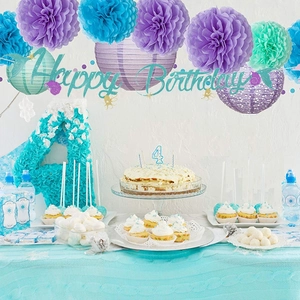Blue and purple mermaid theme birthday party decoration set with banners and paper lanterns