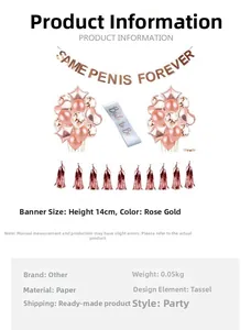 Detailed rose gold bachelorette party set with Same Penis Forever banner and blue sash